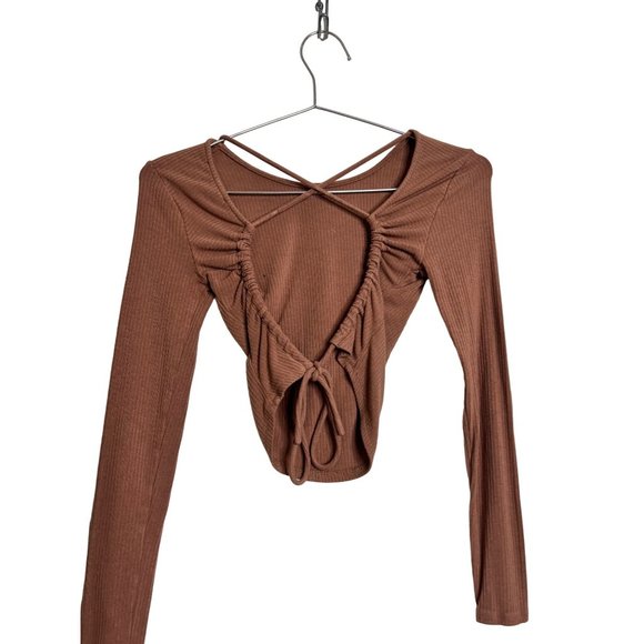 ASTR Shirt Womens XS Brown Long Sleeve Ribbed Open Back Crop Top Lace Up - Picture 5 of 6
